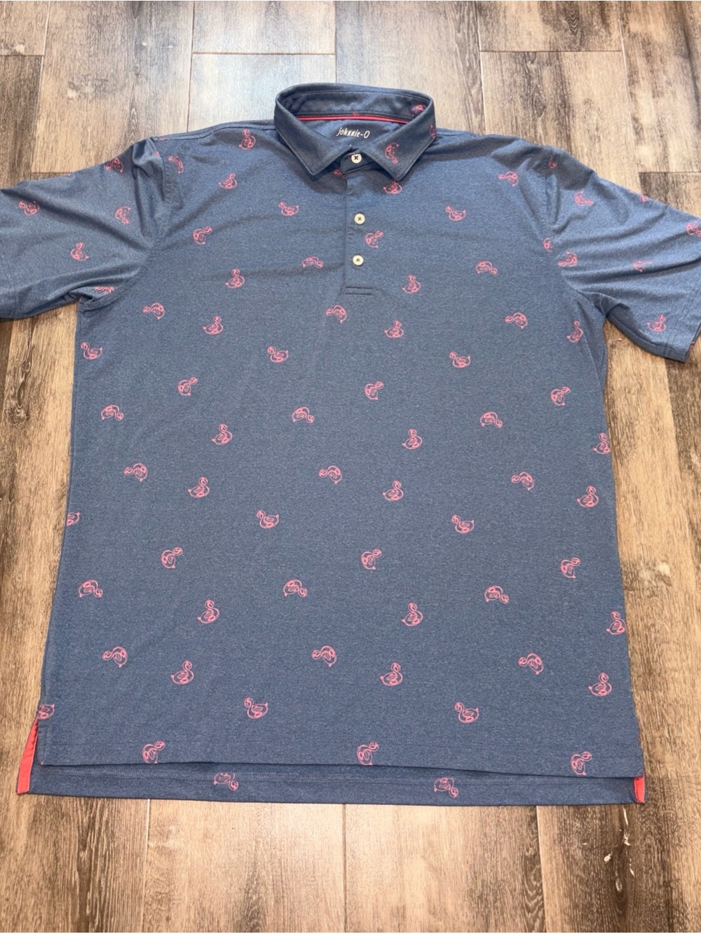 Johnnie-O Polo Shirt Mens L Golf Blue Stretch sun protection UPF 50 Flamingo